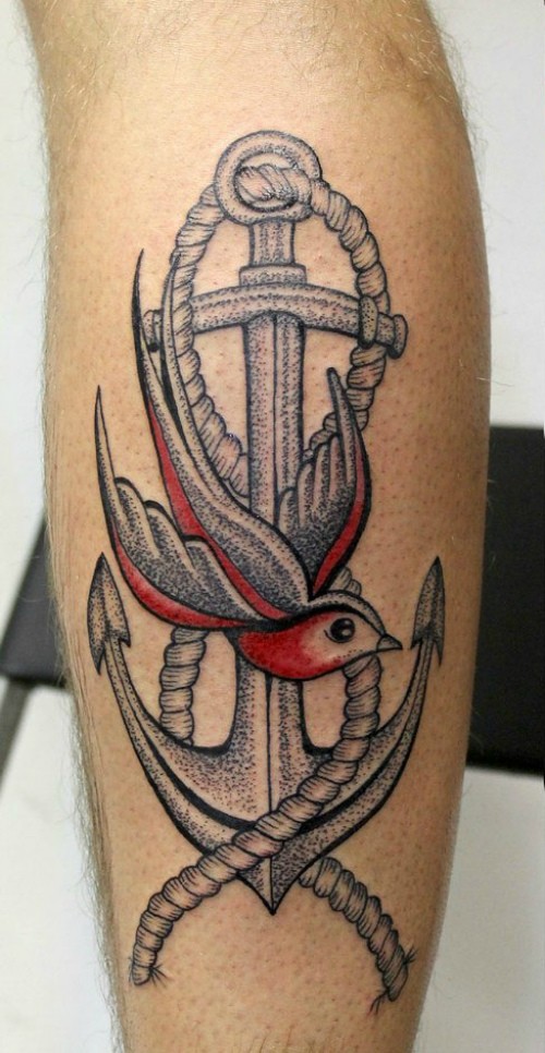 点刺风格船锚与燕子小腿纹身图案
