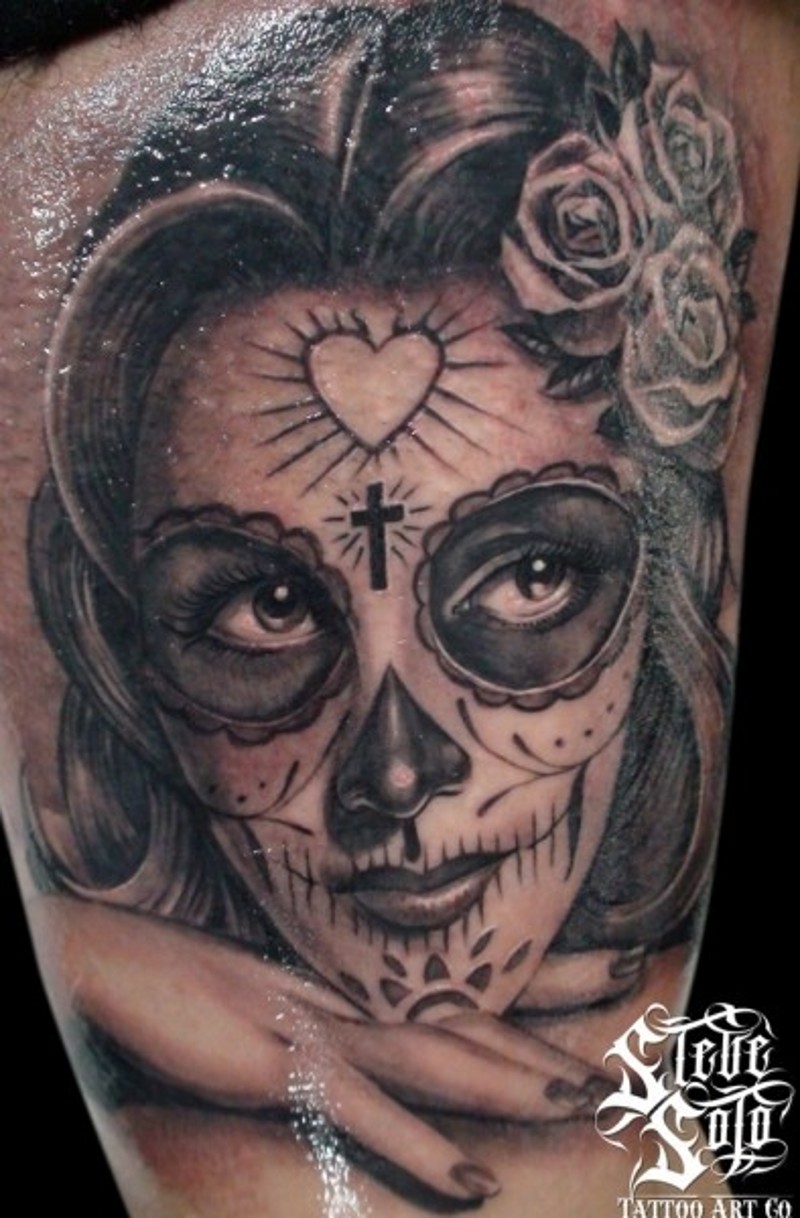 墨西哥传统女性肖像手臂纹身图案