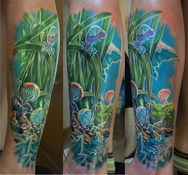 小腿彩色的超现实外星植物纹身图案