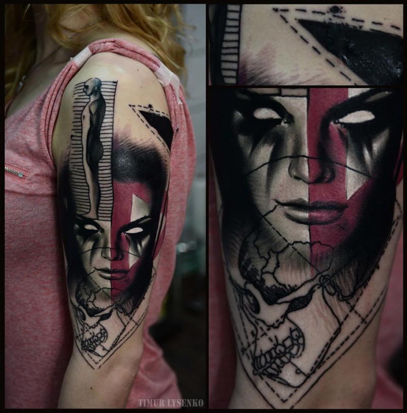 大臂彩色的恶魔女人和骷髅几何纹身图案