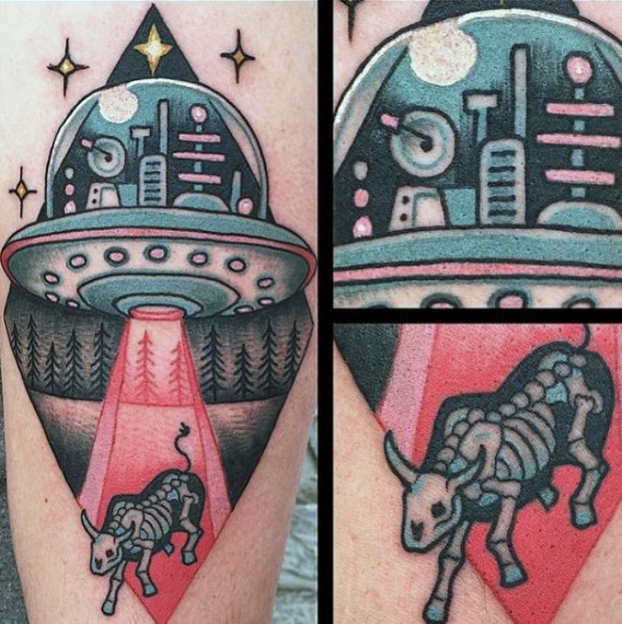 手臂有趣的卡通外星飞船和X射线纹身纹身图案