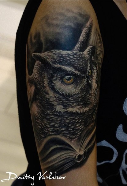 手臂彩色惊人的猫头鹰写实纹身图案