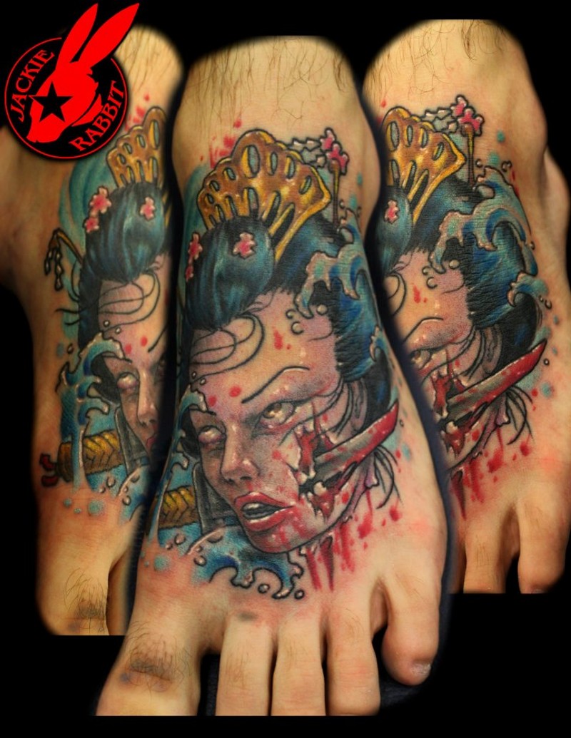 脚背3D彩色日式艺妓生首纹身图案