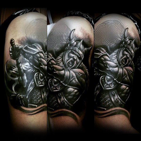 手臂3D写实的黑白维京战士纹身图案