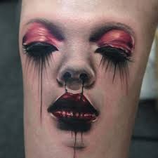 3D恐怖血腥的女人肖像彩色小腿纹身图案