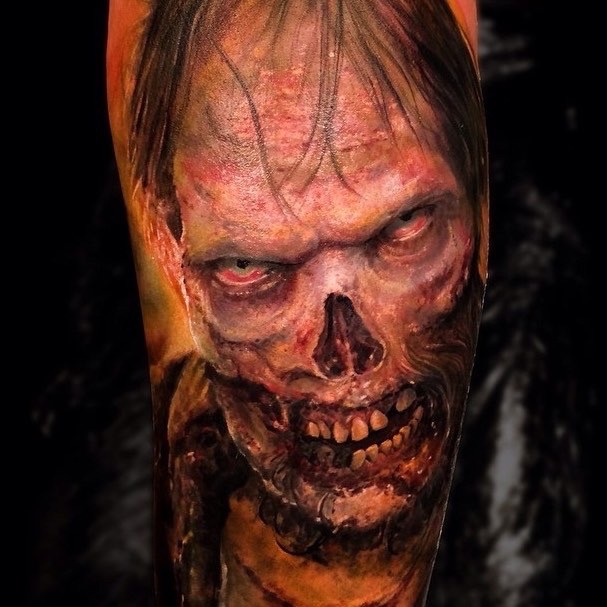彩色恐怖风格的写实僵尸肖像手臂纹身图案