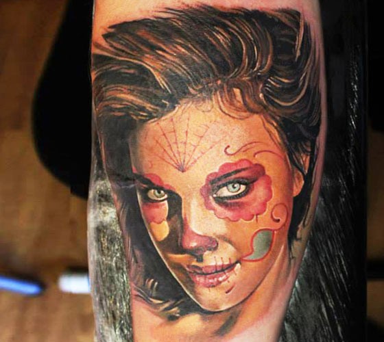 墨西哥传统风格可爱女子刺青手臂纹身图案