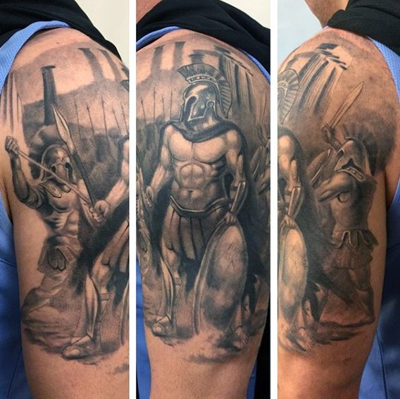 手臂很酷的3D黑色希腊勇士纹身图案