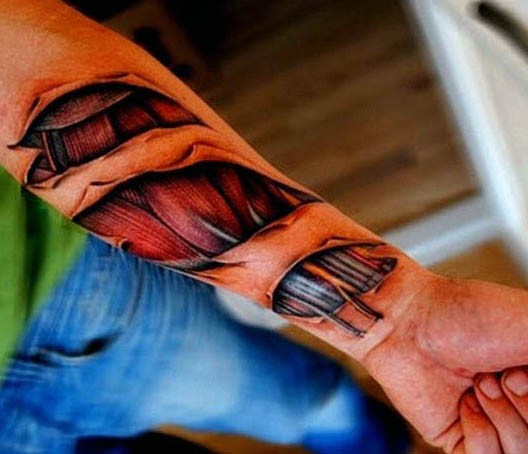 非常逼真的3D撕皮肌肉手臂纹身图案