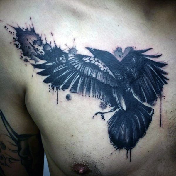 胸部抽象风格黑色乌鸦纹身图案