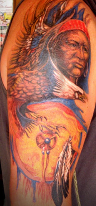 彩色北美土著人肖像和鹰艺术品纹身图案