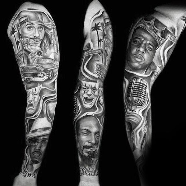 手臂有趣的黑白美国著名音乐家肖像纹身图案