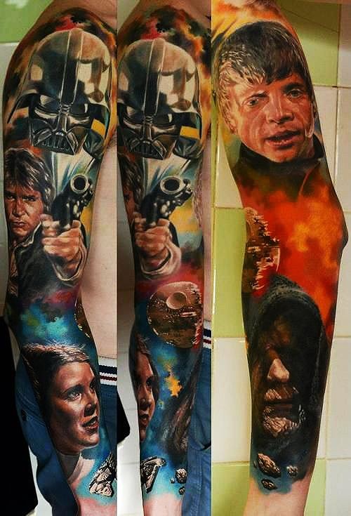 手臂丰富多彩的星球大战英雄肖像纹身图案