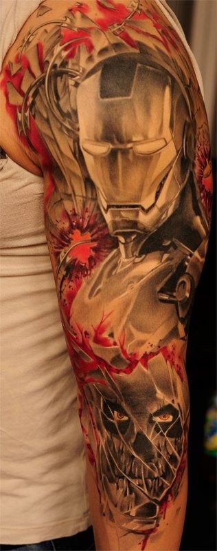 手臂3D逼真的钢铁侠和恶魔骷髅纹身图案