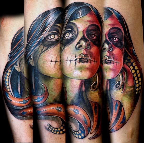 彩绘僵尸女孩和章鱼手臂纹身图案