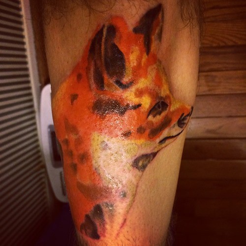 小腿抽象风格的彩色大狐狸纹身图案