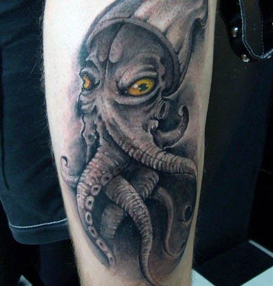 小腿彩色的外星鱿鱼纹身图案