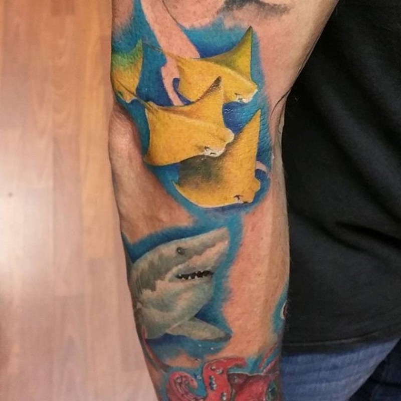 逼真的鲨鱼和其他海底动物彩色手臂纹身图案