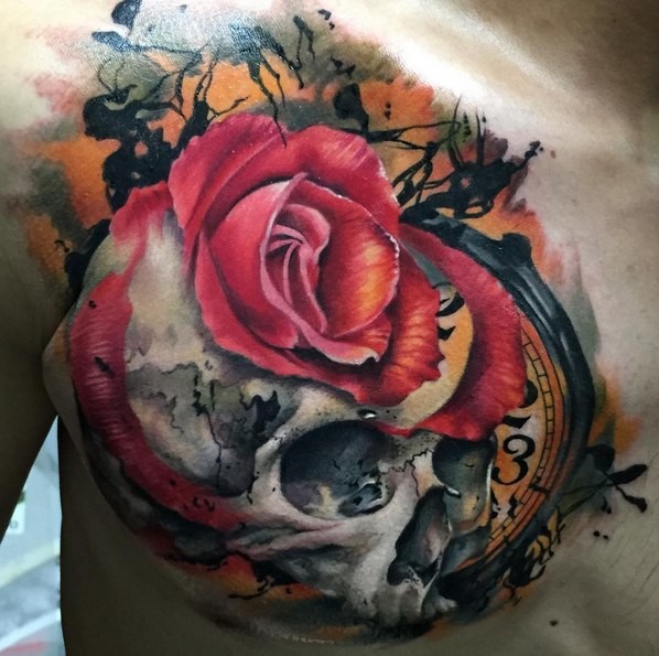胸部3D风格的骷髅玫瑰和时钟纹身图案