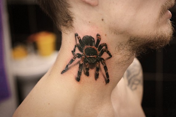 颈部3D非常逼真的丛林蜘蛛纹身图案