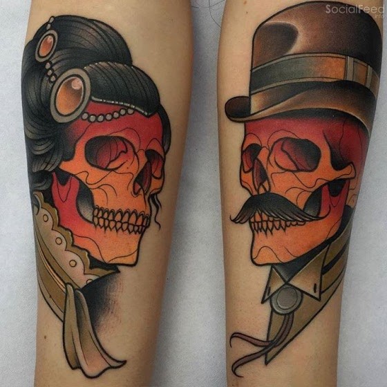 old school彩色的女子和男子骨骼手臂纹身图案