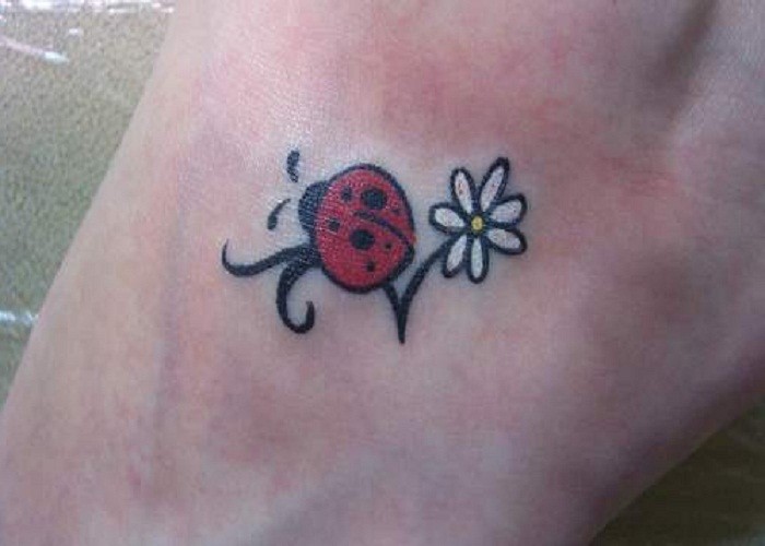 七星瓢虫和白色花朵脚踝纹身图案