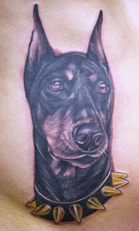 杜宾犬头像3D写实纹身图案