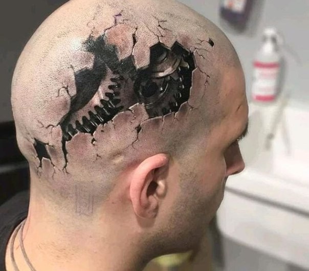 男性头部非常逼真的3D机械齿轮撕皮纹身图案