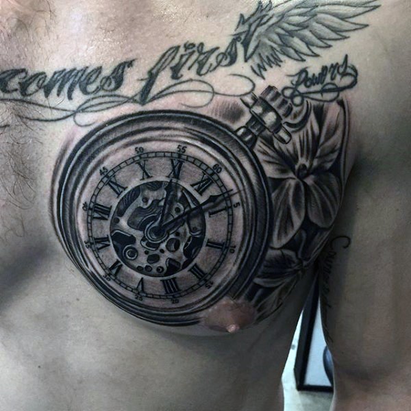 胸部3D逼真的时钟和花朵纹身图案