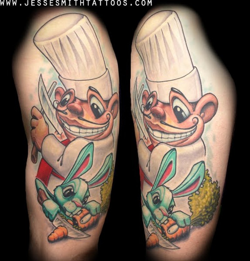 手臂卡通风格的彩色厨师与兔子萝卜纹身图案