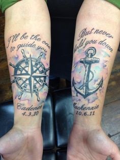 手臂航海主题的船锚和指南针字母纹身图案