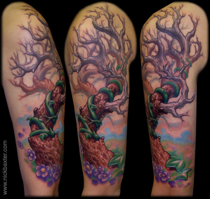 手臂3D风格彩色神秘孤独的树纹身图案