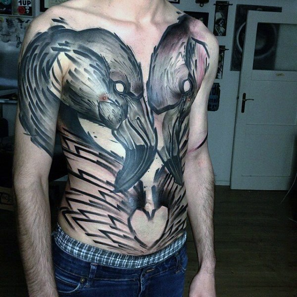 胸部神秘的抽象火烈鸟夫妇黑灰纹身图案