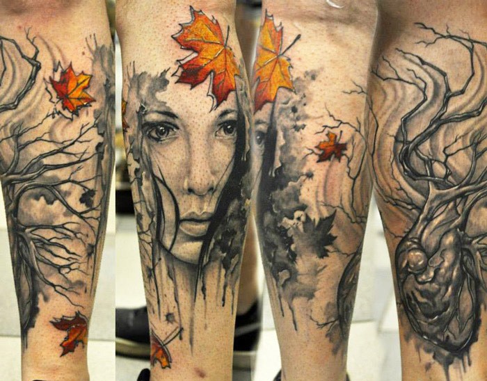 手臂抽象风格的女人与心脏树叶纹身图案