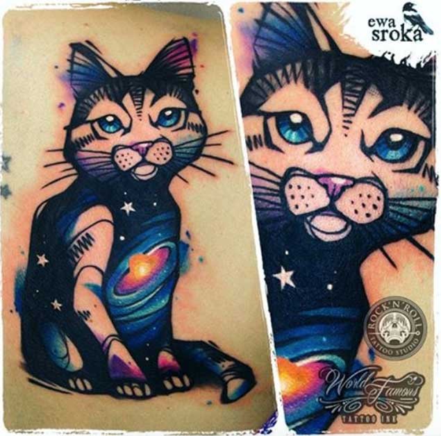 背部3D风格五颜六色的有趣猫和银河纹身图案