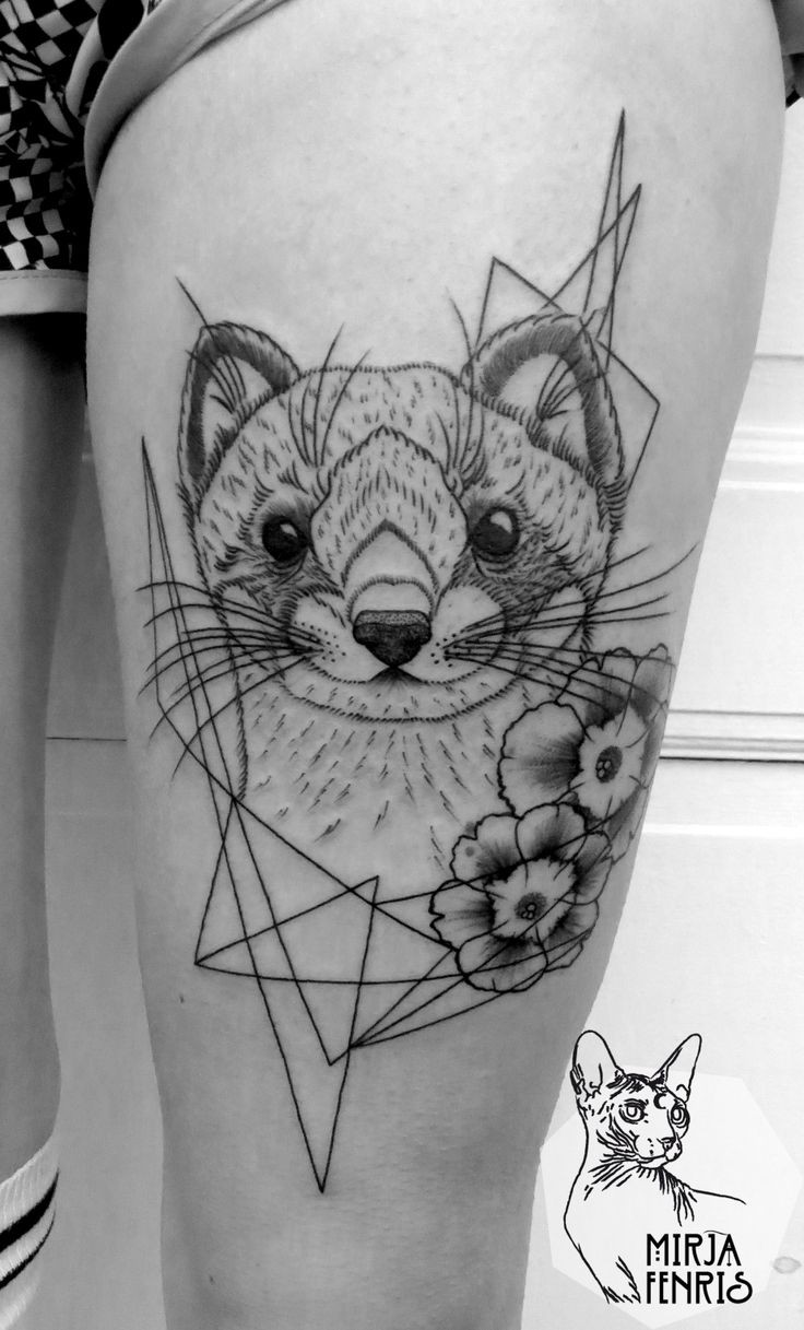 大腿可爱的黑白有趣动物和花朵纹身图案
