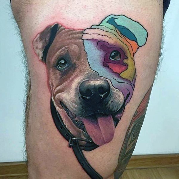 大腿七彩3D狗头像创意纹身图案