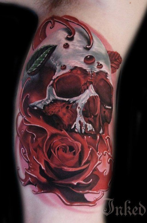 手臂3D写实彩绘血色骷髅与玫瑰纹身图案