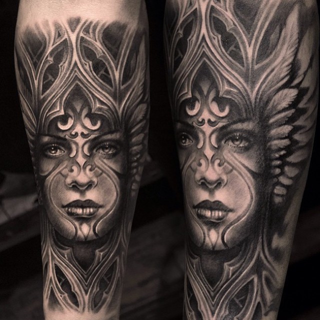 黑色的部落女性肖像手臂纹身图案