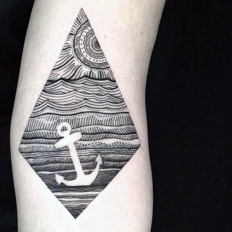 手臂神秘航海主题黑白船锚海面纹身图案
