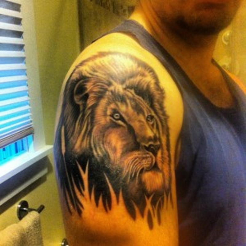 手臂大动物狮子写实纹身图案