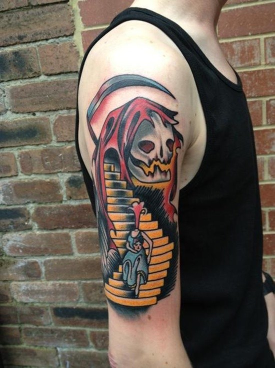 男性手臂惊人的彩色死神纹身图案