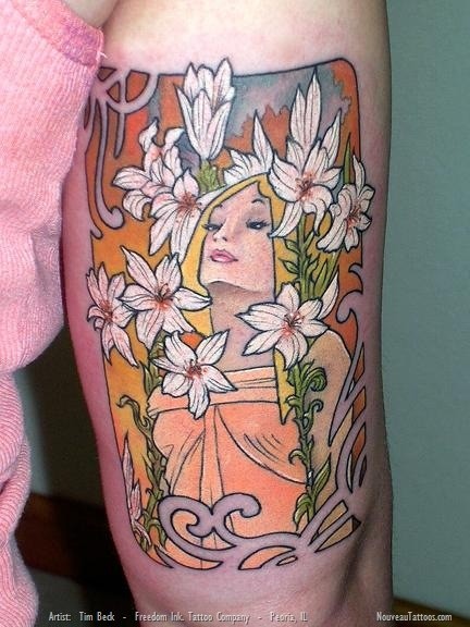 手臂彩色女性与百合花纹身图案