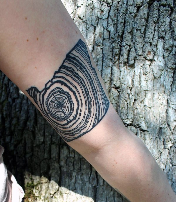 手臂黑色的树年轮纹身图案