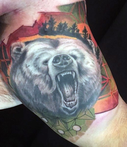 手臂非常逼真的3D黑白熊头像纹身图案