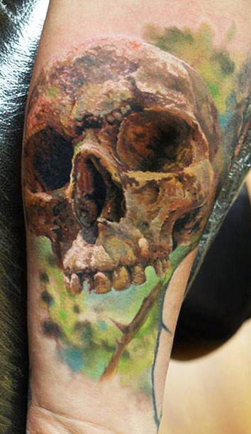 手臂3D逼真的彩色人类骷髅纹身图案