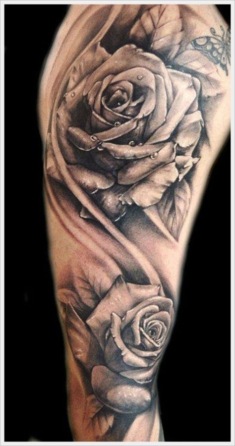 手臂惊人的3D黑白玫瑰纹身图案