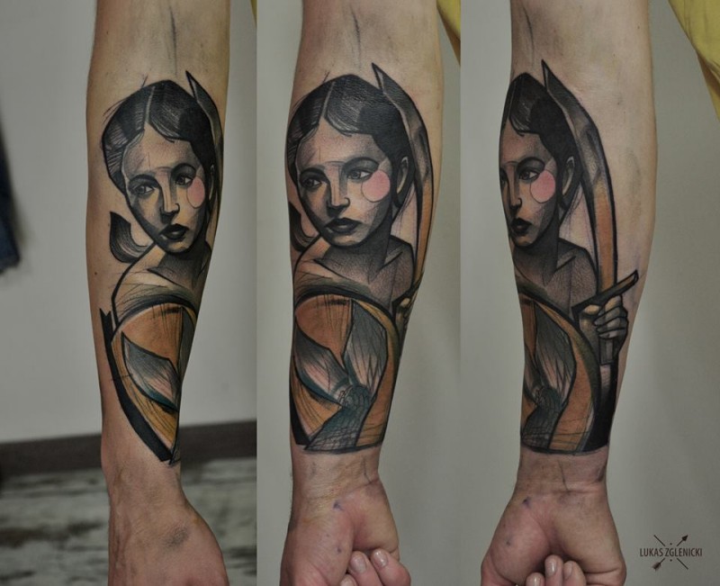 有趣的彩色古代女战士手臂纹身图案