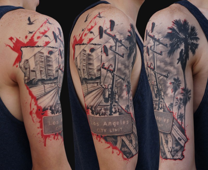 手臂很酷的美国城市风景写实纹身图案