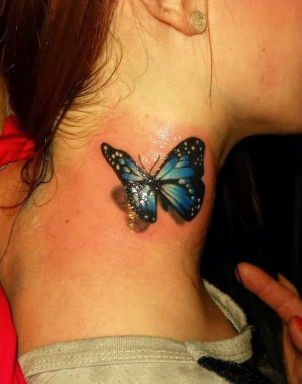 颈部惊人的逼真彩色蝴蝶3D纹身图案